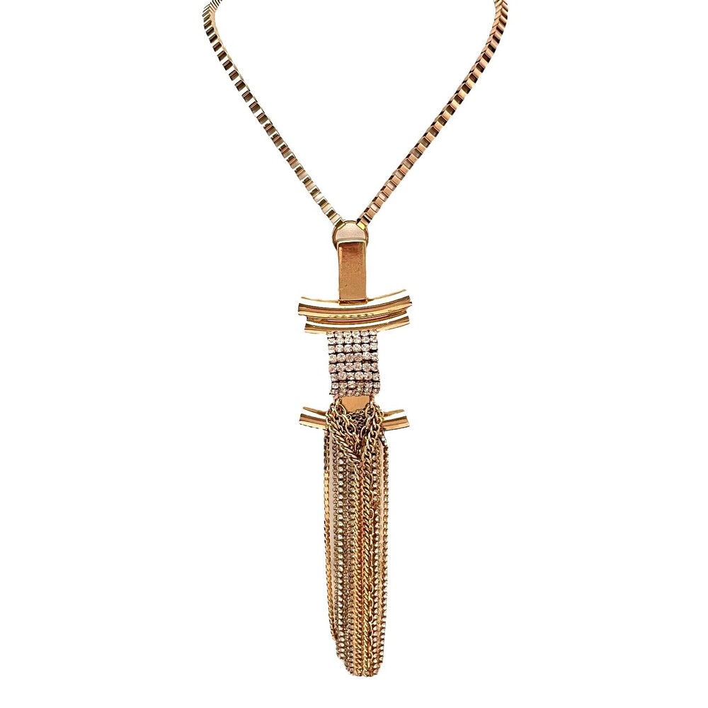 New Gold Tone Necklace Box Chain Tassel Fringe Statement - 11G
